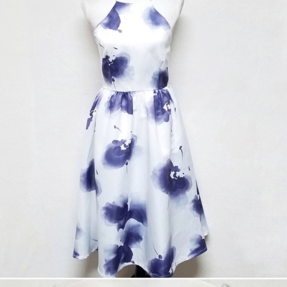 L'ATISTE FOR ANTHRO SILKY FLORAL DREAM FIT N FLARE HALTER TOP FULL SKIRT DRESS - Picture 1 of 9